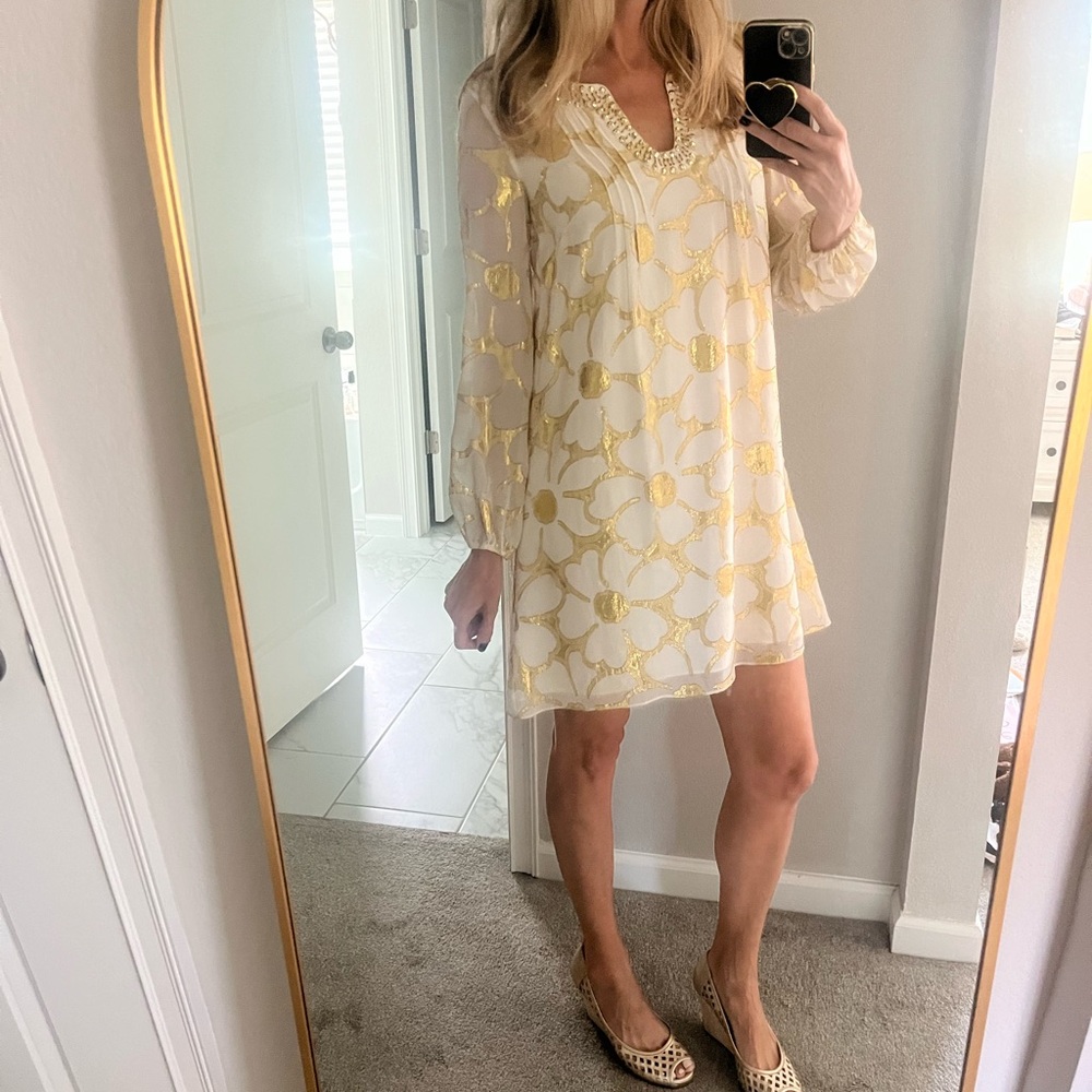 Lilly Colby Sleeved Dress Gold Metallic Floral 0